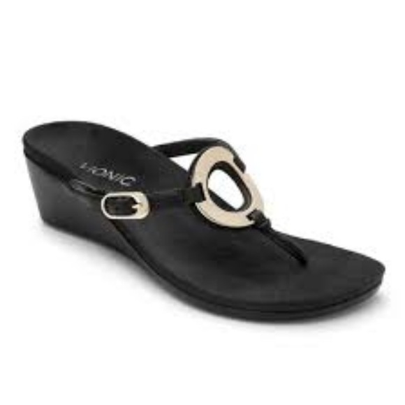 Vionic Shoes - Vionic Orchid Black Gold Medallion Leather Thong Comfort Flat Sandals 8